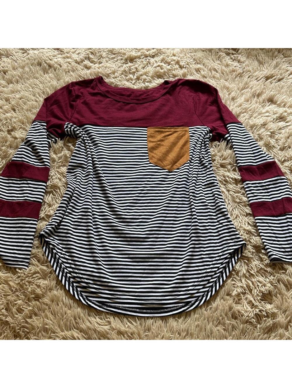 Striped Long Sleeve Top with Burgundy Accents and Chest Pocket Size S